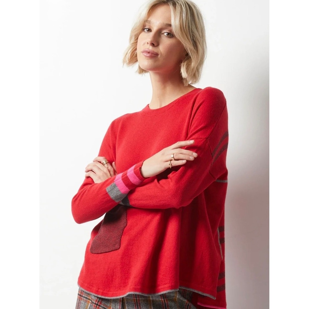 Zaket & Plover Sweater Women S Red Cotton Cashmere Blend Birdseye Trim Oversized